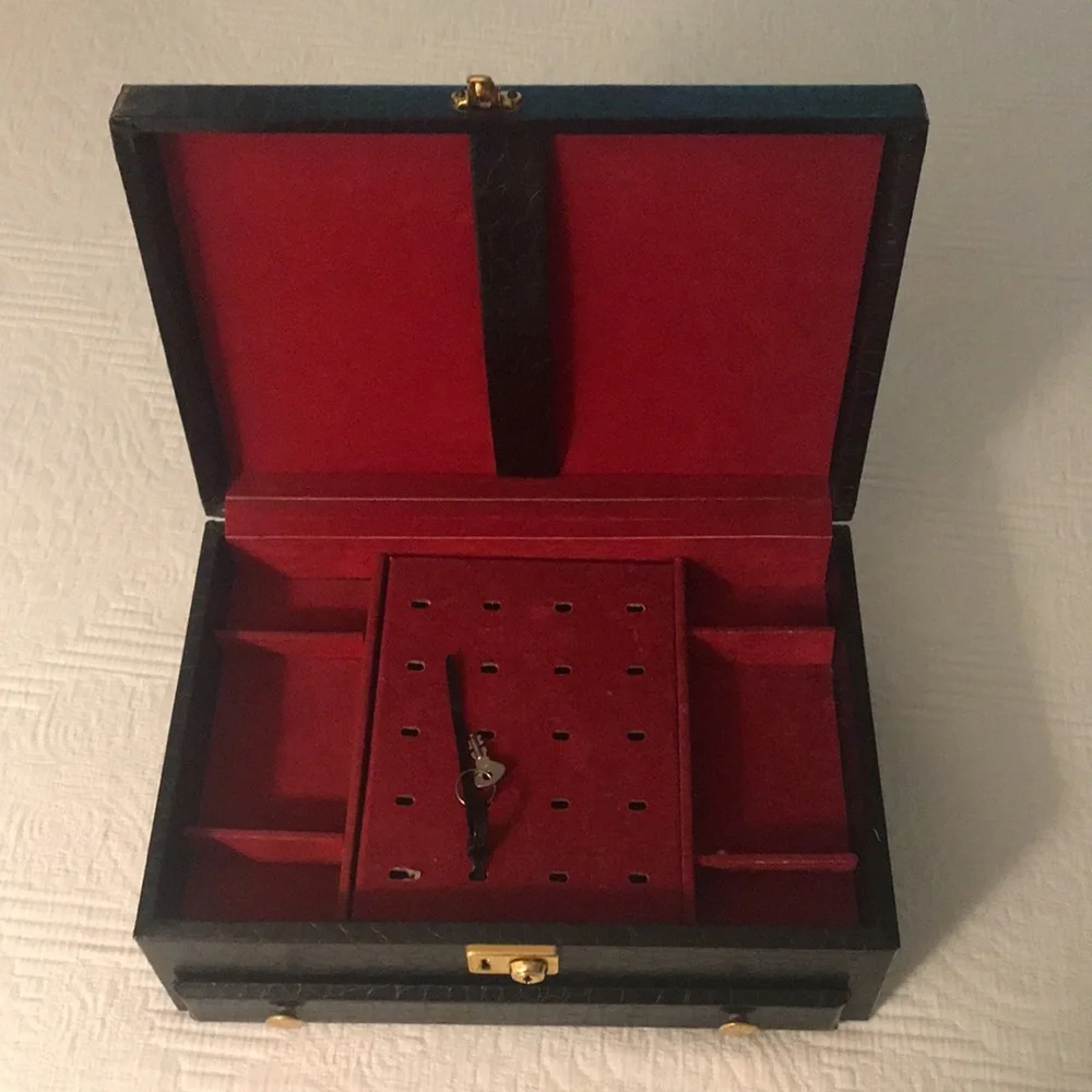 Vintage Black Faux Crocodile Alligator Men Accessory Jewelry Watch Storage Box